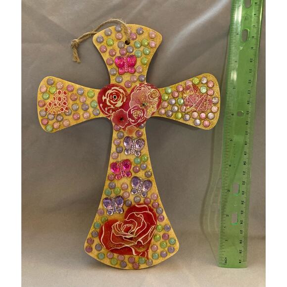 Heart and Butterflies Cross Wall Decor Colorful Handwoven - Picture 4 of 5